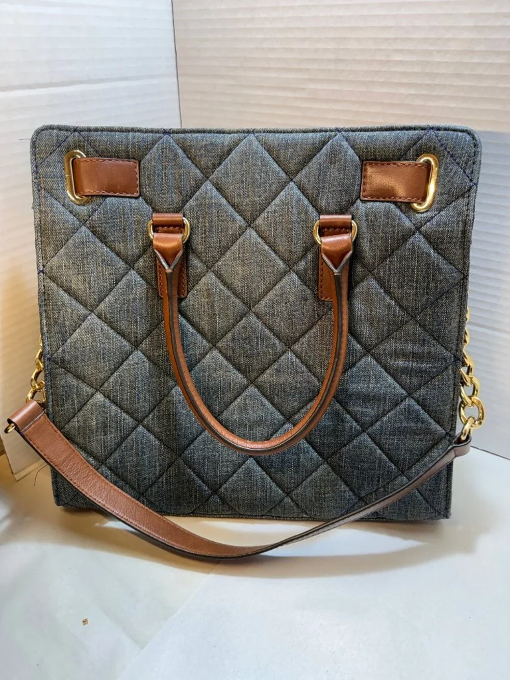 Michael Kors Quilted Denim Tote Bag with Leather Trim